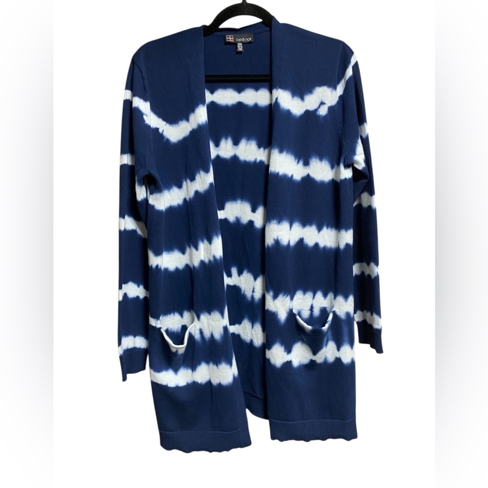 Carre Noir Navy White Stripe Cardigan Size Medium Open Front Coastal Chic EUC - Picture 2 of 8